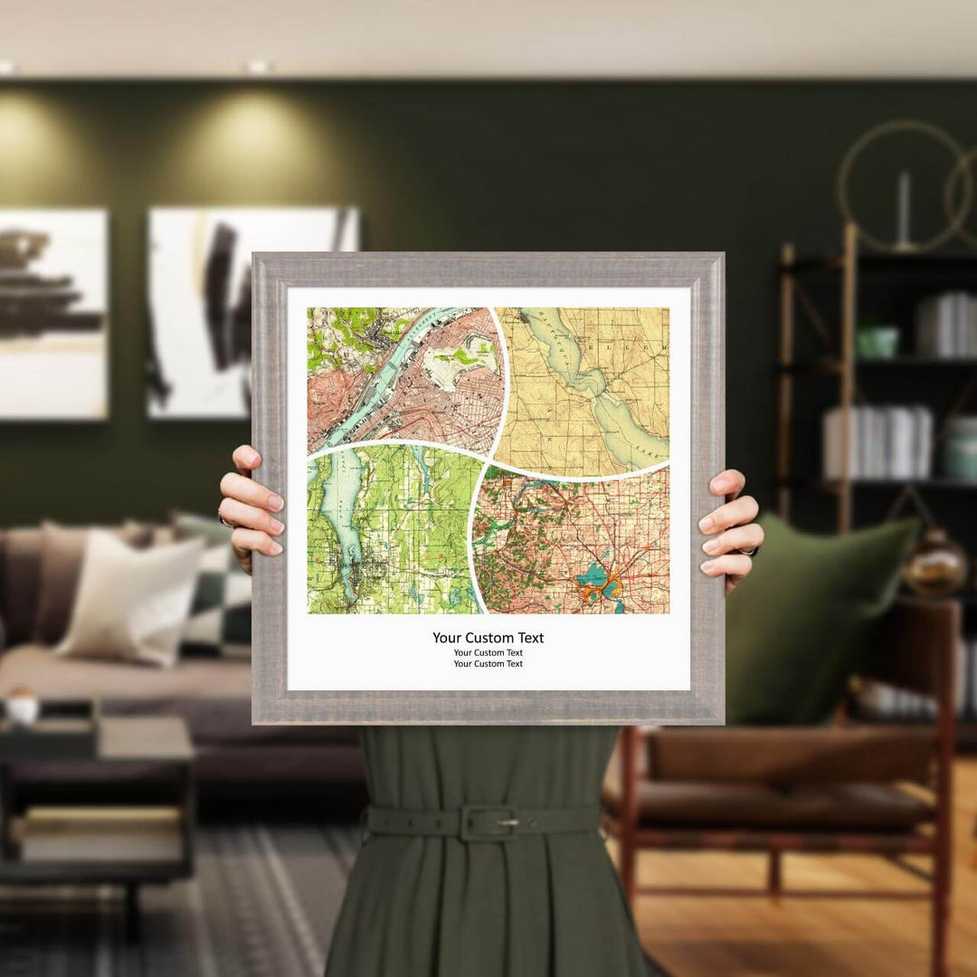 Rectangle Shape Atlas Art Personalized with 4 Joining Maps, Styled#color-finish_gray-beveled-frame