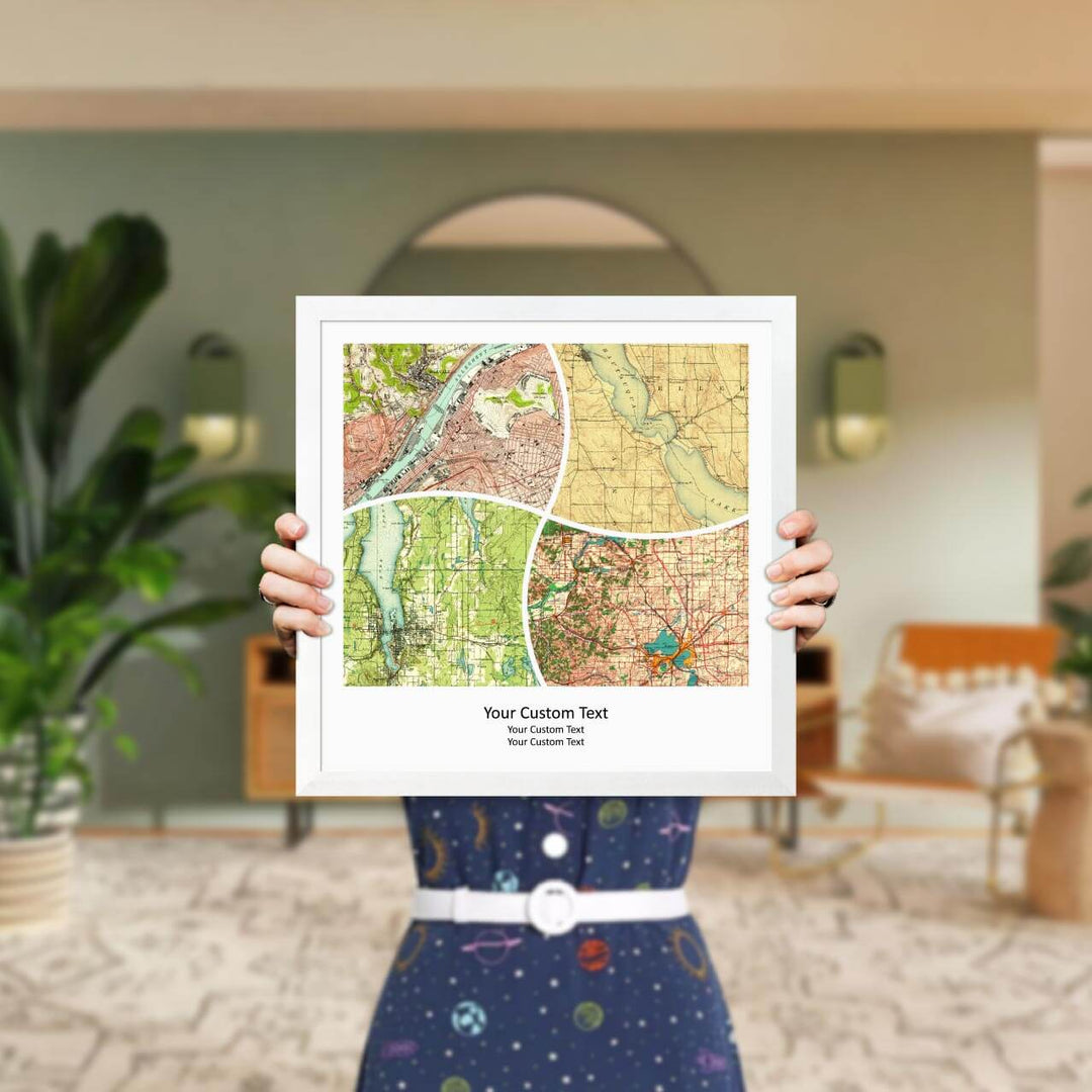Rectangle Shape Atlas Art Personalized with 4 Joining Maps, Styled#color-finish_white-thin-frame