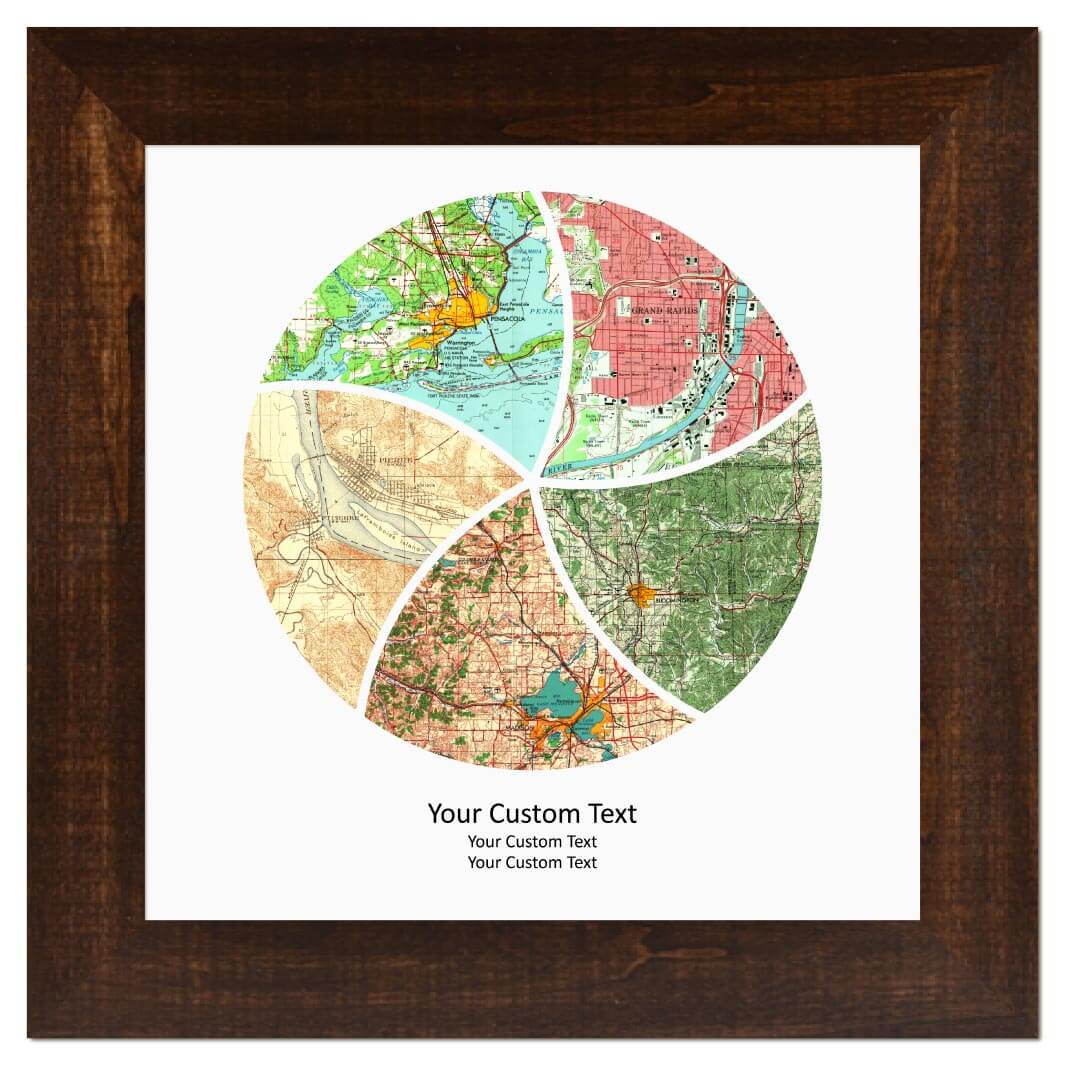 Circle Shape Atlas Art Personalized with 5 Joining Maps#color-finish_espresso-wide-frame