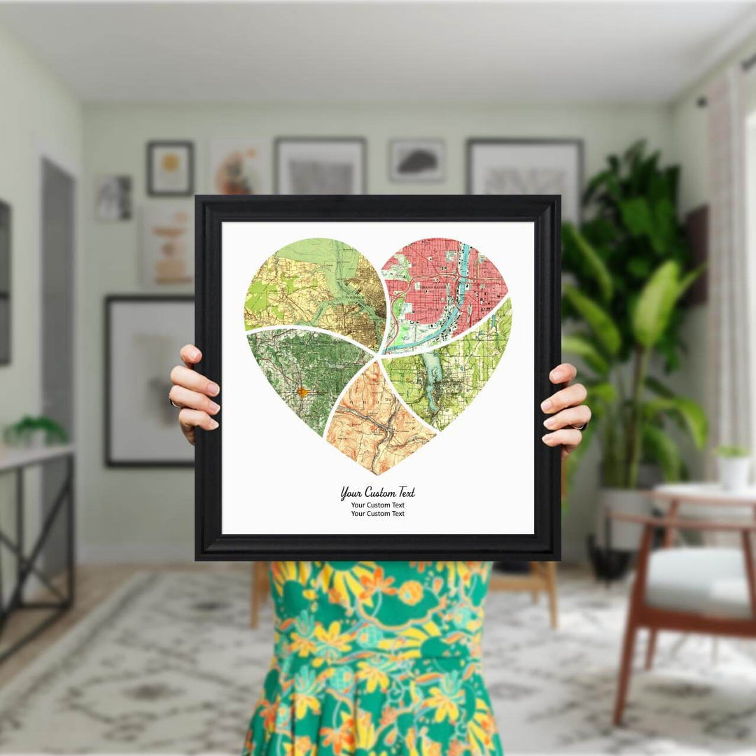 Heart Shape Atlas Art Personalized with 5 Joining Maps, Styled#color-finish_black-beveled-frame