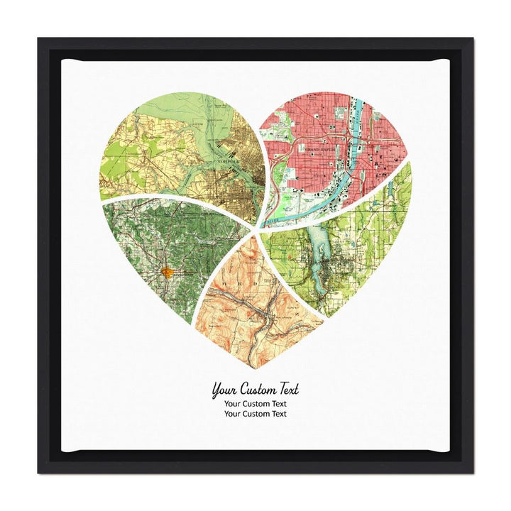 Heart Shape Atlas Art Personalized with 5 Joining Maps#color-finish_black-floater-frame