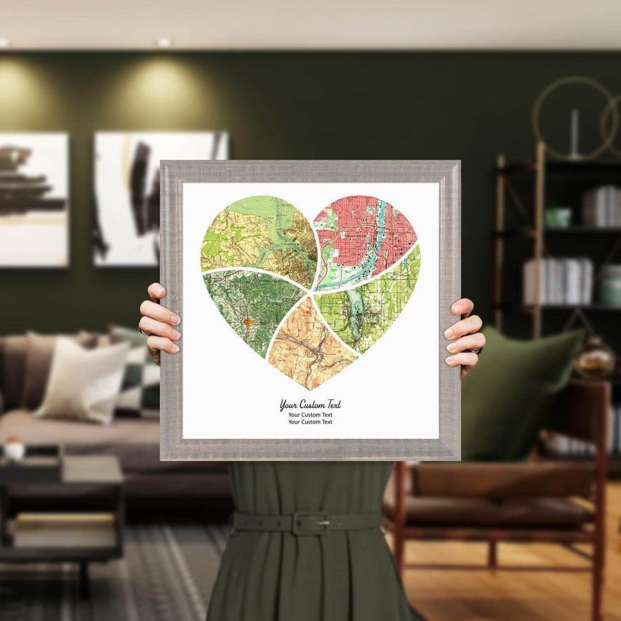 Heart Shape Atlas Art Personalized with 5 Joining Maps, Styled#color-finish_gray-beveled-frame