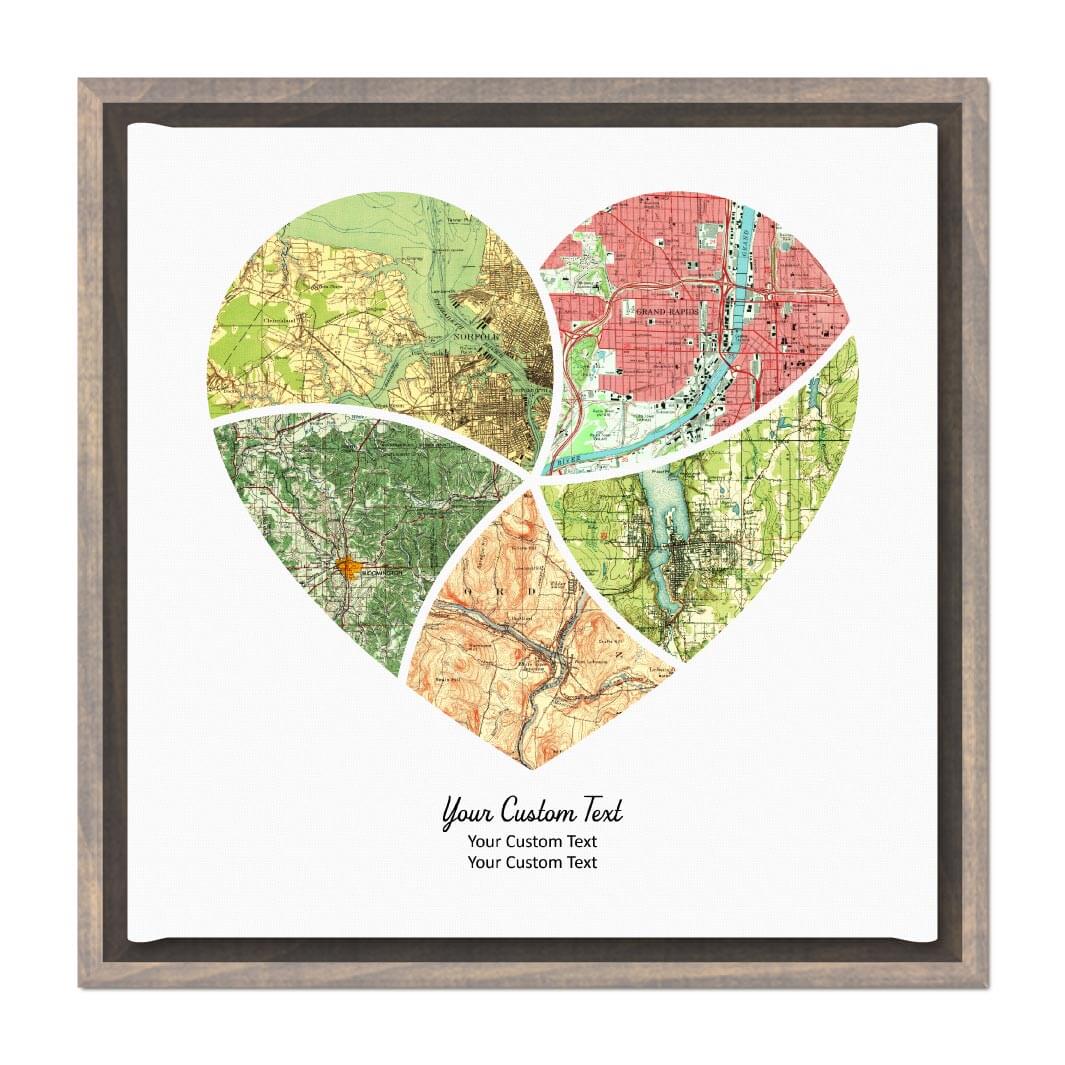 Heart Shape Atlas Art Personalized with 5 Joining Maps#color-finish_gray-floater-frame