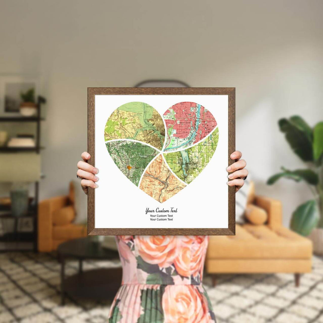 Heart Shape Atlas Art Personalized with 5 Joining Maps, Styled#color-finish_walnut-thin-frame