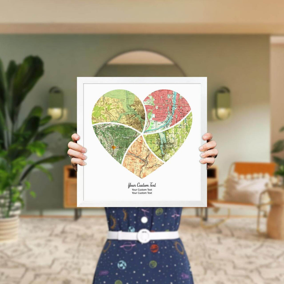 Heart Shape Atlas Art Personalized with 5 Joining Maps, Styled#color-finish_white-thin-frame