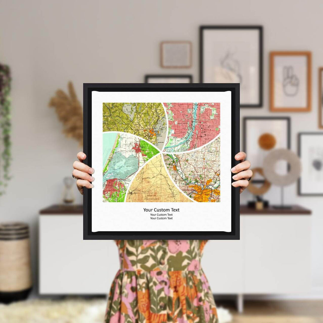 Rectangle Shape Atlas Art Personalized with 5 Joining Maps, Styled#color-finish_black-floater-frame