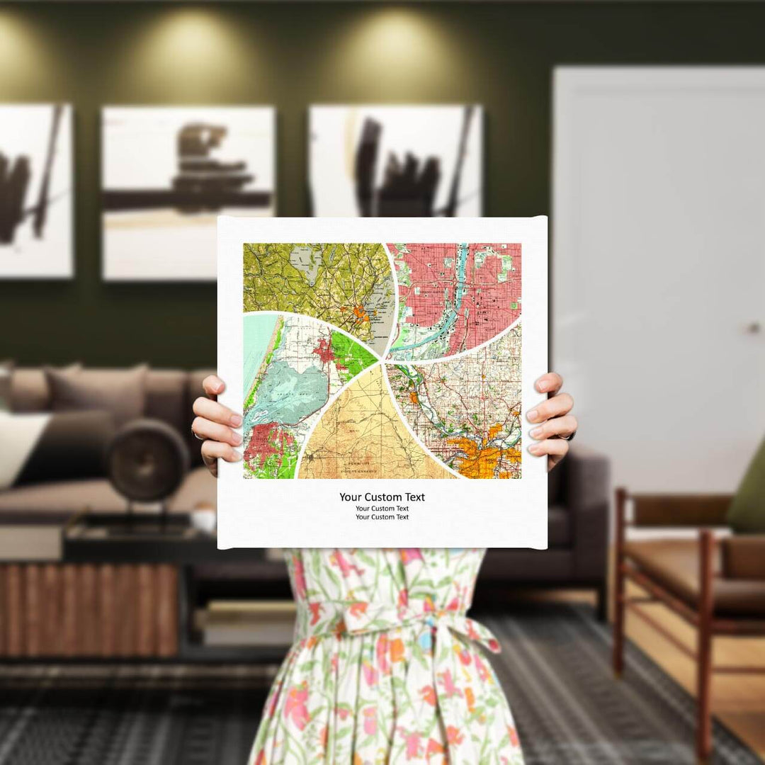 Rectangle Shape Atlas Art Personalized with 5 Joining Maps, Styled#color-finish_wrapped-canvas