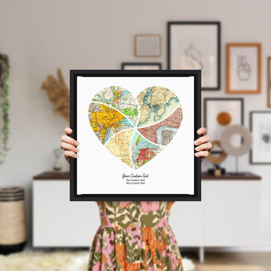 Heart Shape Atlas Art Personalized with 6 Joining Maps, Styled#color-finish_black-floater-frame