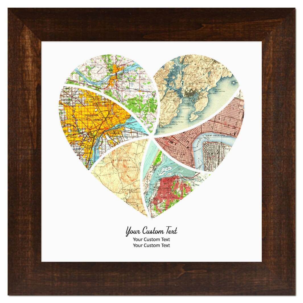 Heart Shape Atlas Art Personalized with 6 Joining Maps#color-finish_espresso-wide-frame