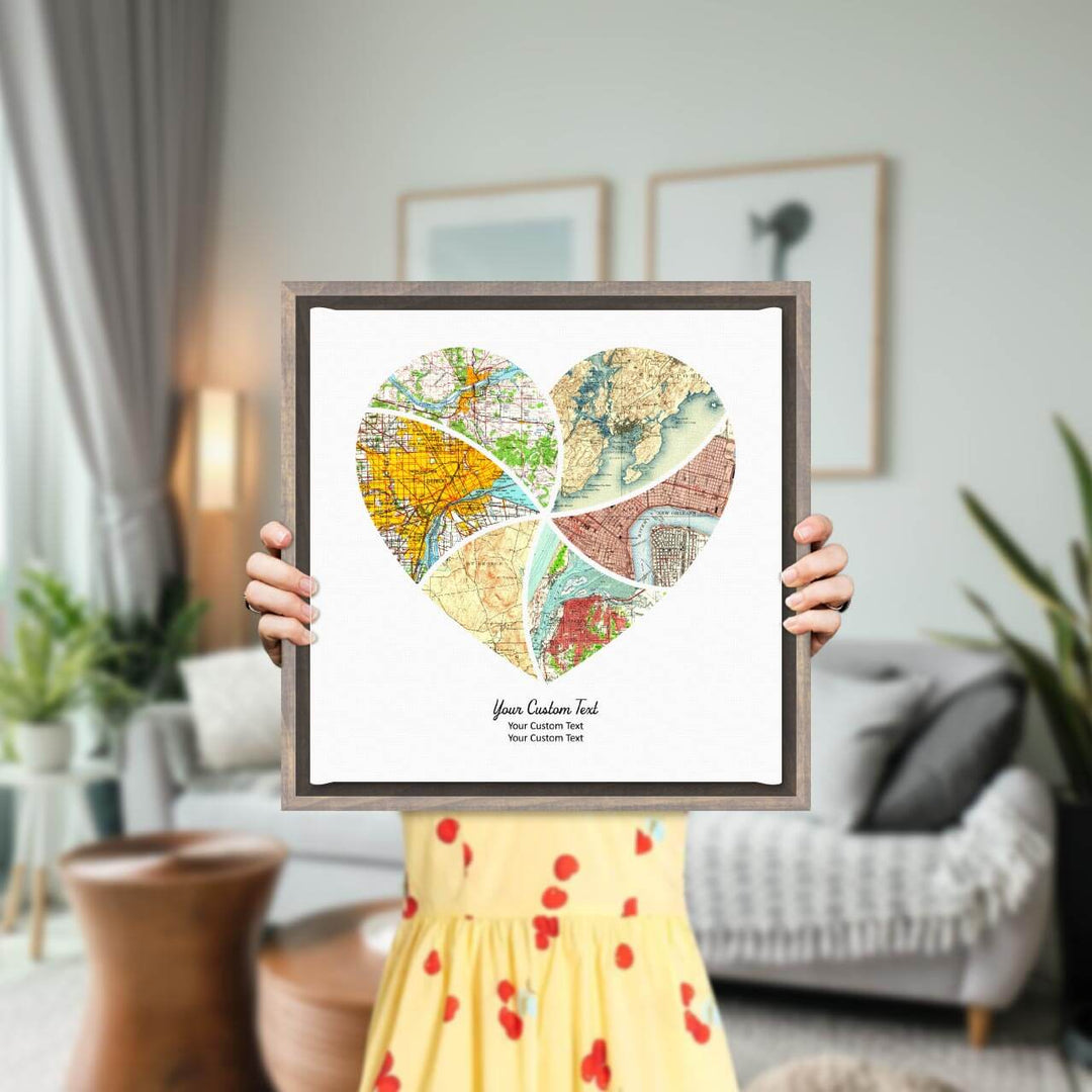 Heart Shape Atlas Art Personalized with 6 Joining Maps, Styled#color-finish_gray-floater-frame