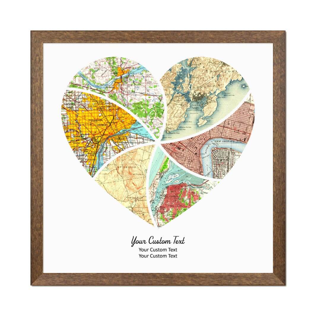 Heart Shape Atlas Art Personalized with 6 Joining Maps#color-finish_walnut-thin-frame