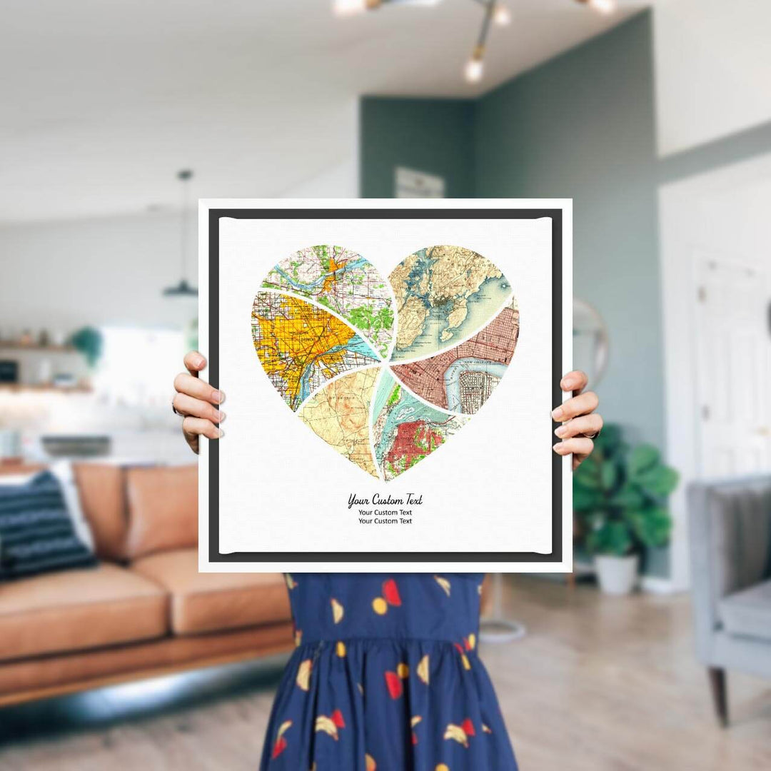 Heart Shape Atlas Art Personalized with 6 Joining Maps, Styled#color-finish_white-floater-frame