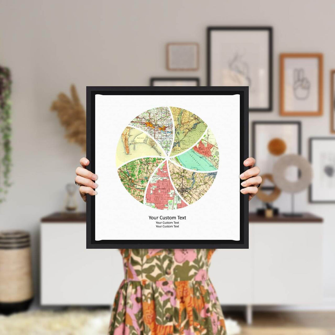 Circle Shape Atlas Art Personalized with 7 Joining Maps, Styled#color-finish_black-floater-frame