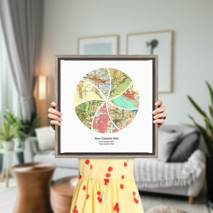 Circle Shape Atlas Art Personalized with 7 Joining Maps, Styled#color-finish_gray-floater-frame