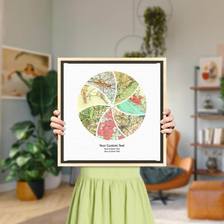 Circle Shape Atlas Art Personalized with 7 Joining Maps, Styled#color-finish_light-wood-floater-frame