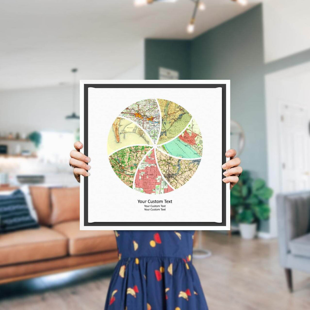 Circle Shape Atlas Art Personalized with 7 Joining Maps, Styled#color-finish_white-floater-frame