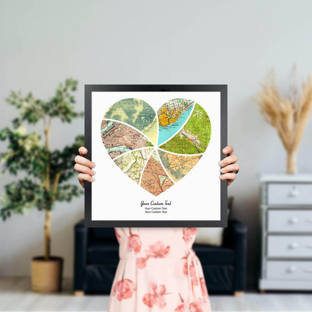 Heart Shape Atlas Art Personalized with 7 Joining Maps, Styled#color-finish_black-thin-frame