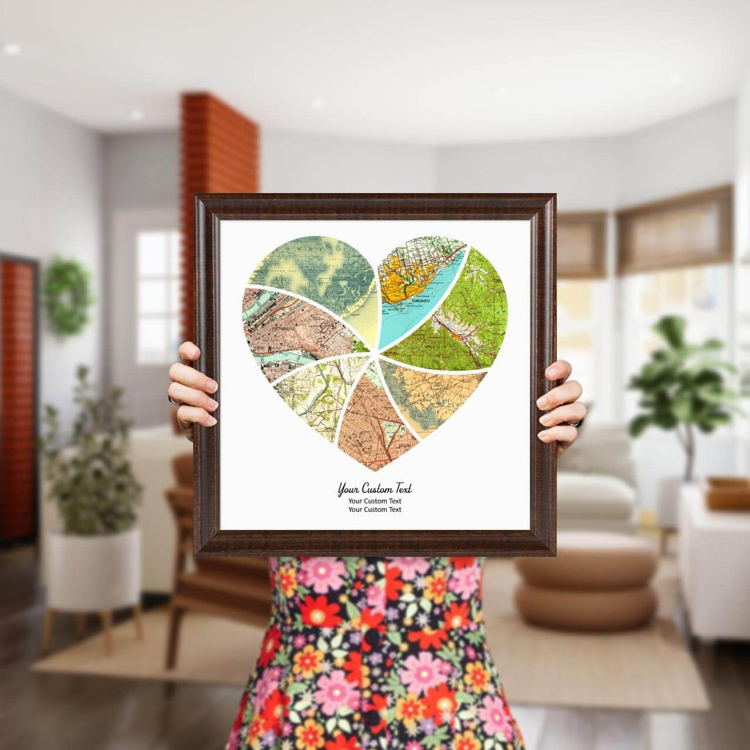 Heart Shape Atlas Art Personalized with 7 Joining Maps, Styled#color-finish_espresso-beveled-frame