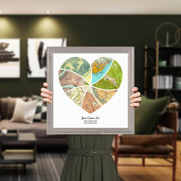 Heart Shape Atlas Art Personalized with 7 Joining Maps, Styled#color-finish_gray-beveled-frame