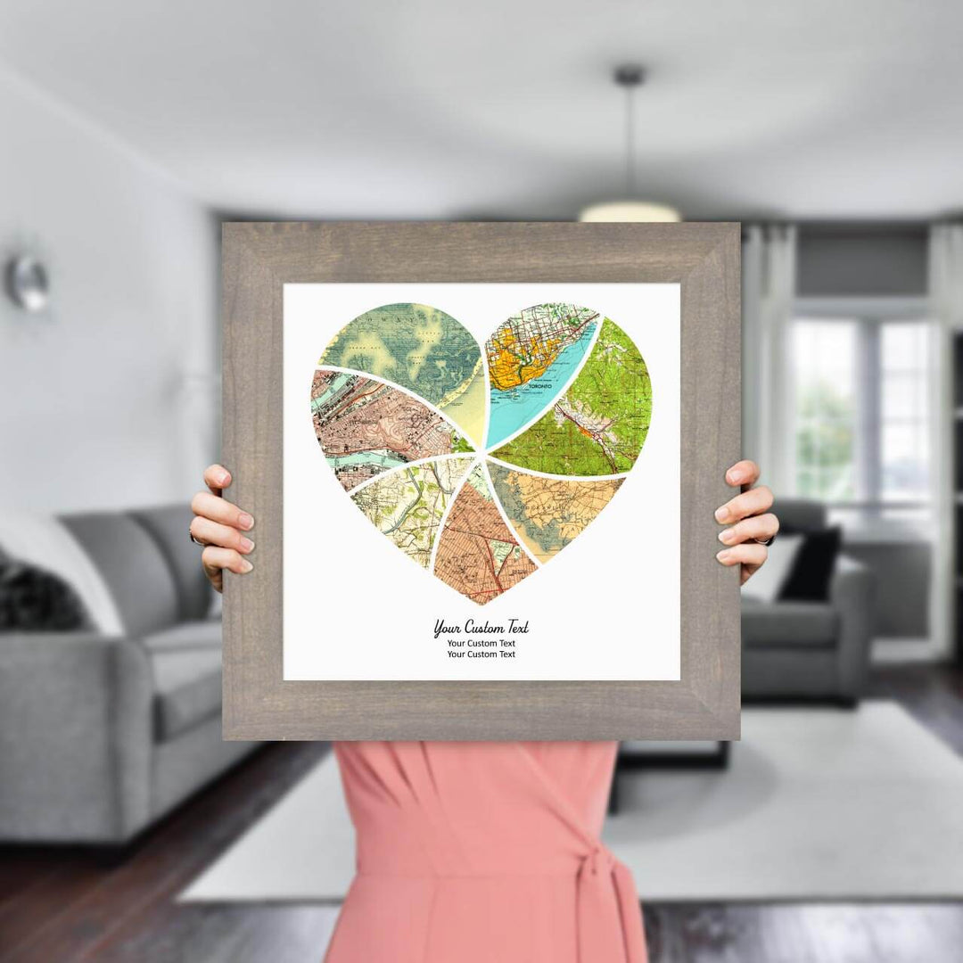Heart Shape Atlas Art Personalized with 7 Joining Maps, Styled#color-finish_gray-wide-frame