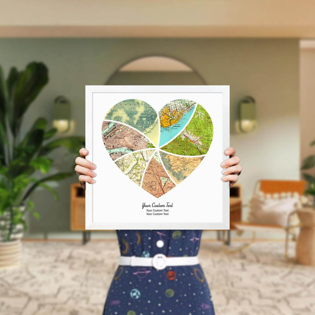 Heart Shape Atlas Art Personalized with 7 Joining Maps, Styled#color-finish_white-thin-frame