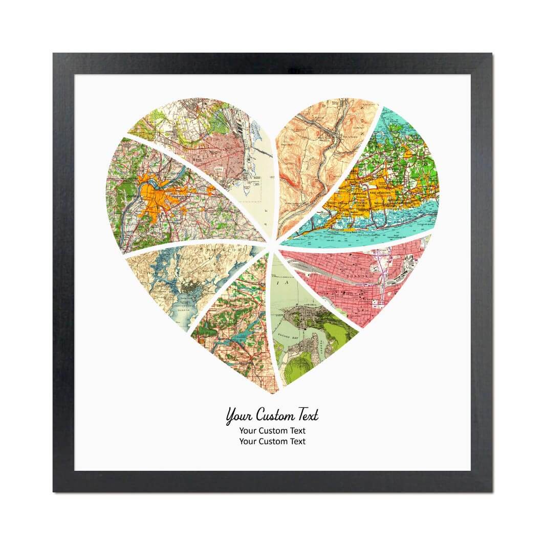 Heart Shape Atlas Art Personalized with 8 Joining Maps#color-finish_black-thin-frame