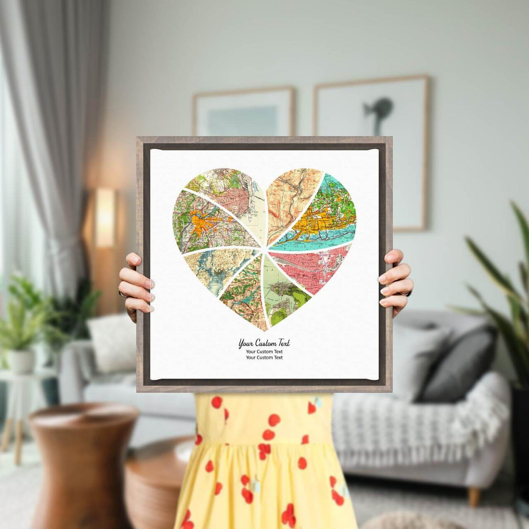Heart Shape Atlas Art Personalized with 8 Joining Maps, Styled#color-finish_gray-floater-frame