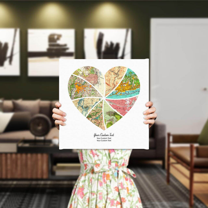 Heart Shape Atlas Art Personalized with 8 Joining Maps, Styled#color-finish_wrapped-canvas