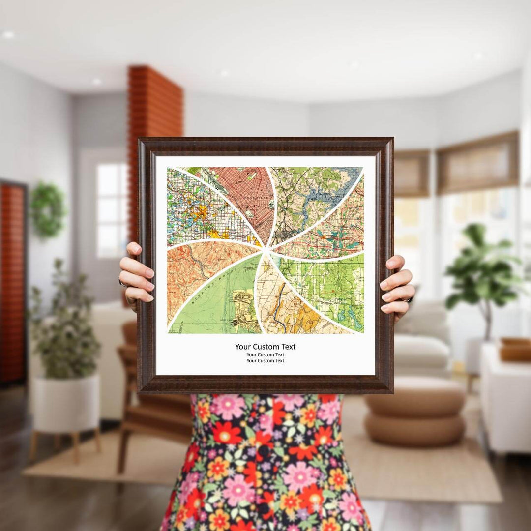 Rectangle Shape Atlas Art Personalized with 8 Joining Maps, Styled#color-finish_espresso-beveled-frame