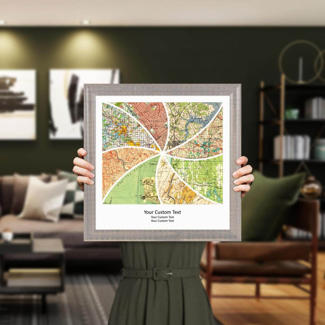 Rectangle Shape Atlas Art Personalized with 8 Joining Maps, Styled#color-finish_gray-beveled-frame