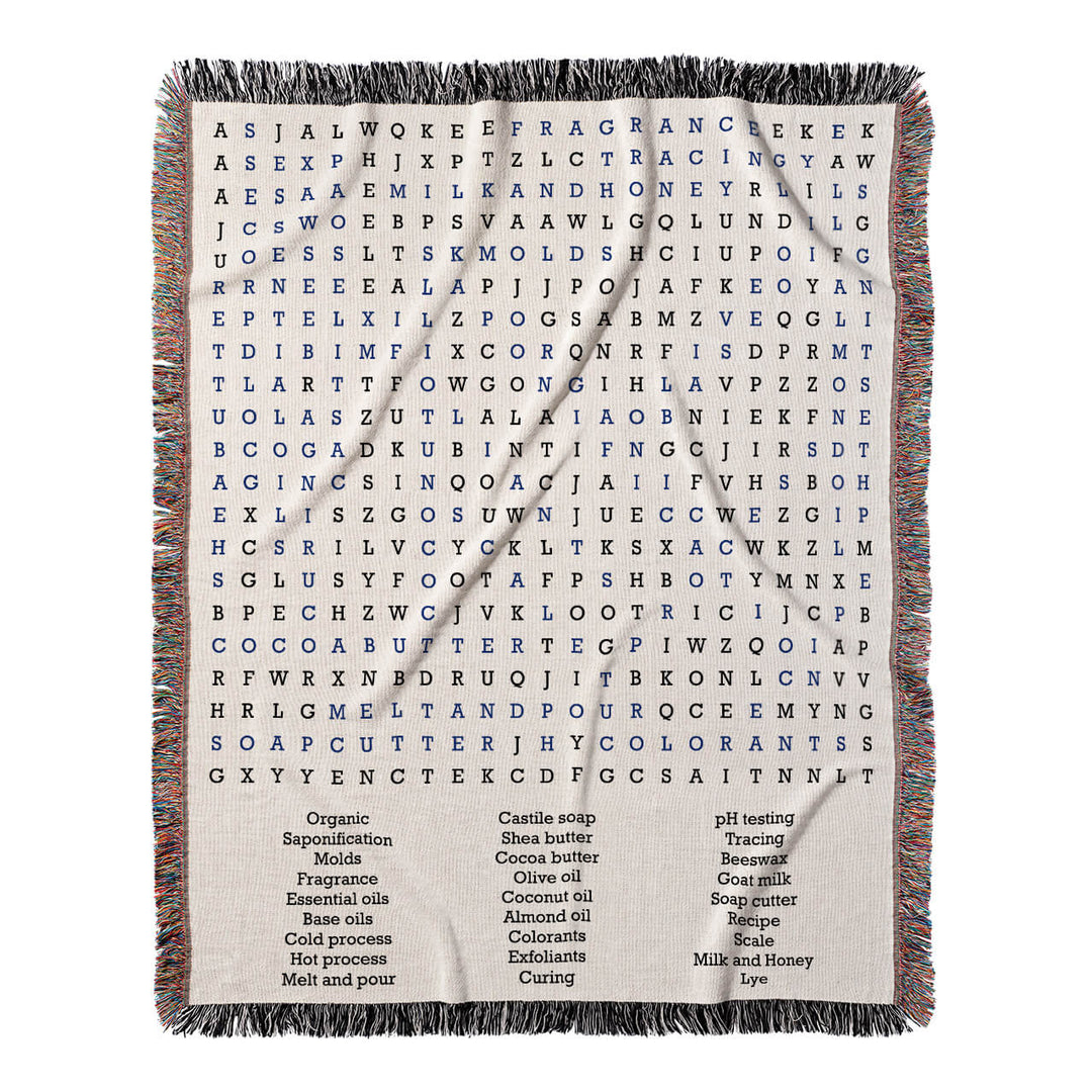 Suds and Scents Word Search, 50x60 Woven Throw Blanket, Blue#color-of-hidden-words_blue