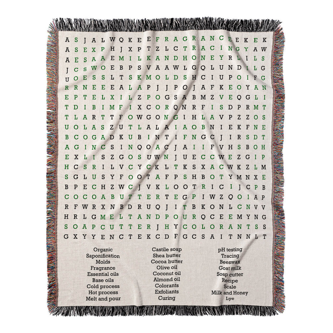 Suds and Scents Word Search, 50x60 Woven Throw Blanket, Green#color-of-hidden-words_green