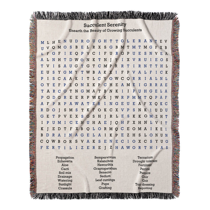 Succulent Serenity Word Search, 50x60 Woven Throw Blanket, Blue#color-of-hidden-words_blue