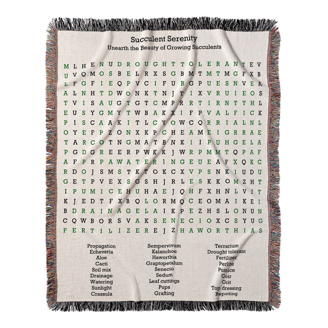 Succulent Serenity Word Search, 50x60 Woven Throw Blanket, Green#color-of-hidden-words_green