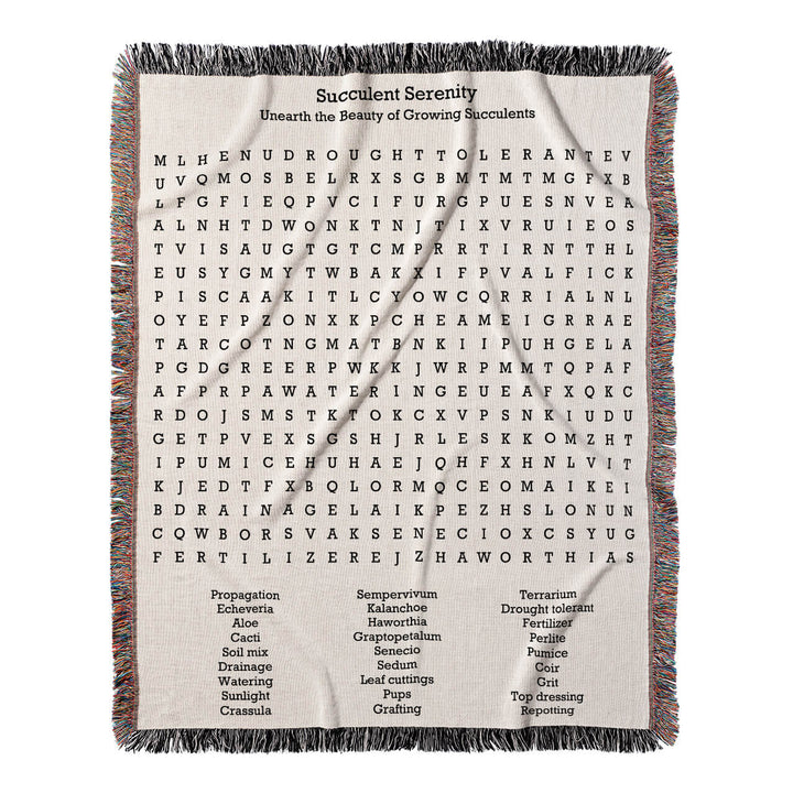 Succulent Serenity Word Search, 50x60 Woven Throw Blanket, Hidden#color-of-hidden-words_hidden