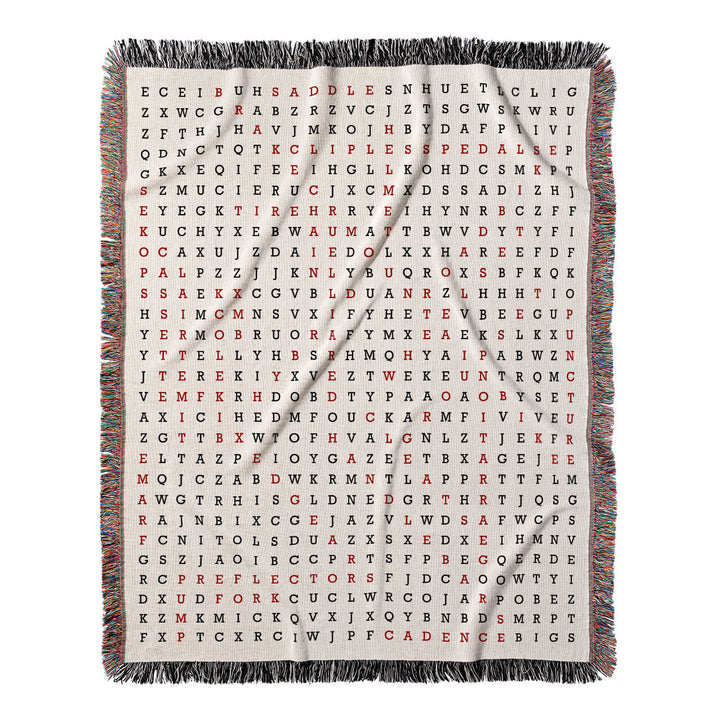 Pedal Adventures Word Search, 50x60 Woven Throw Blanket, Red#color-of-hidden-words_red