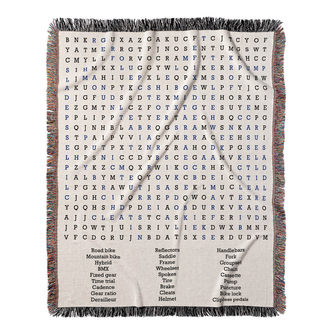 Pedal Adventures Word Search, 50x60 Woven Throw Blanket, Blue#color-of-hidden-words_blue