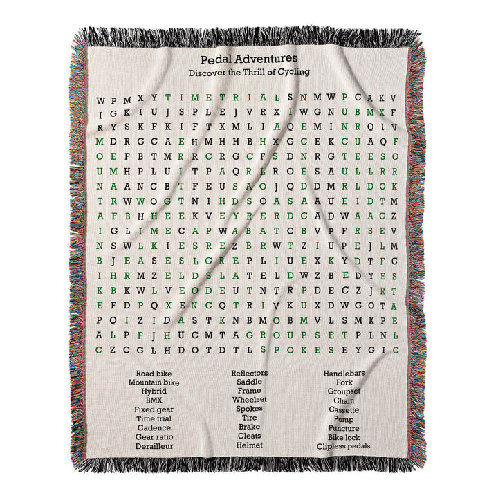 Pedal Adventures Word Search, 50x60 Woven Throw Blanket, Green#color-of-hidden-words_green