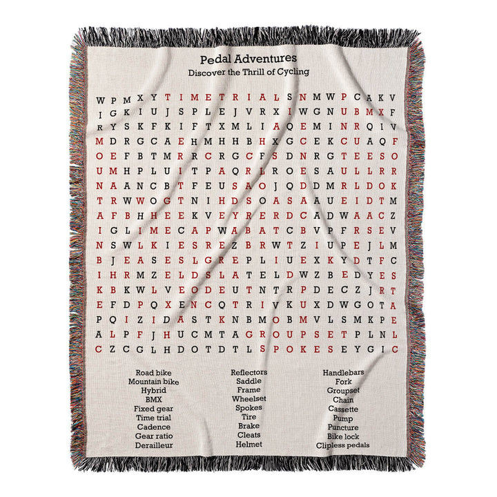 Pedal Adventures Word Search, 50x60 Woven Throw Blanket, Red#color-of-hidden-words_red