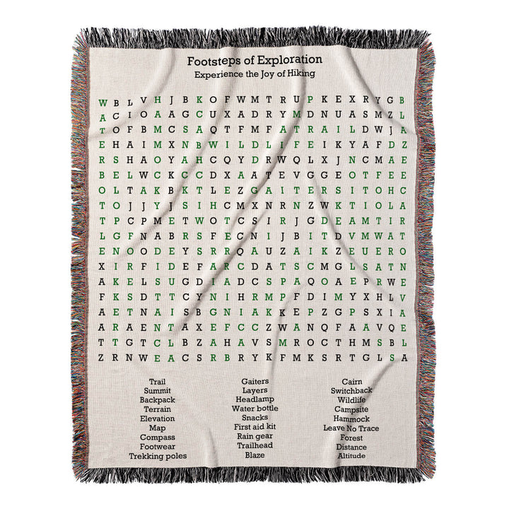 Footsteps of Exploration Word Search, 50x60 Woven Throw Blanket, Green#color-of-hidden-words_green