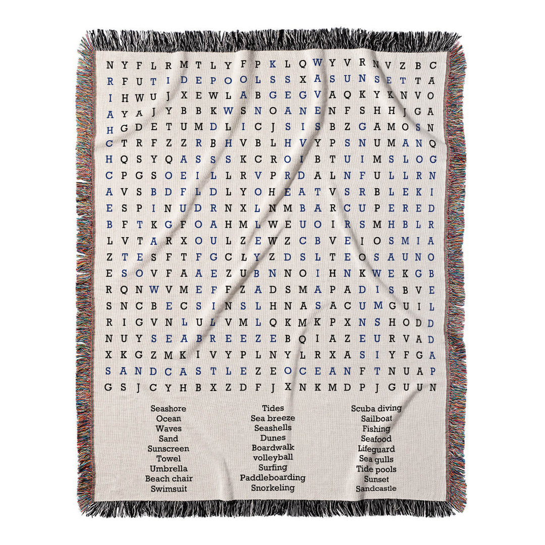 Coastal Escapades Word Search, 50x60 Woven Throw Blanket, Blue#color-of-hidden-words_blue