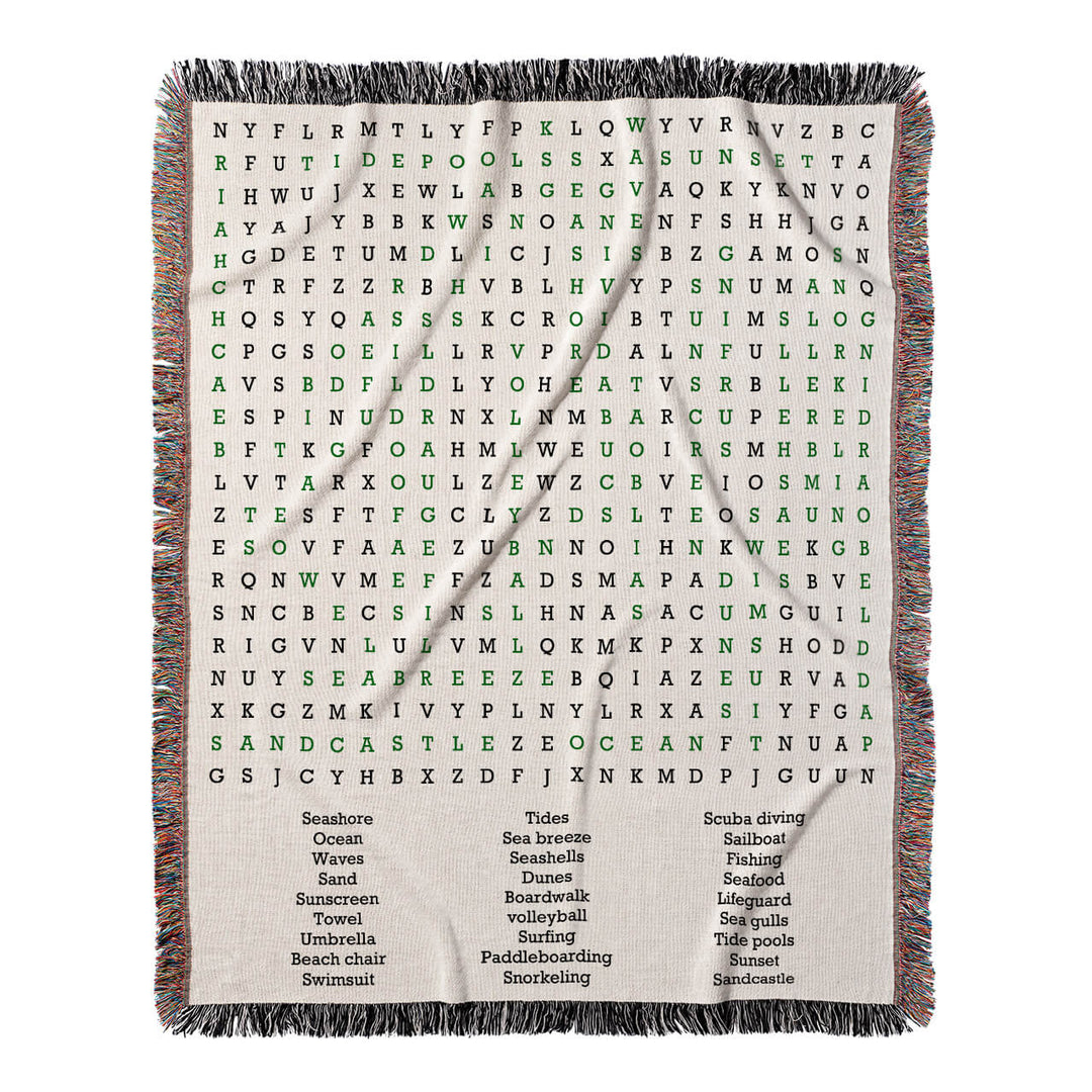 Coastal Escapades Word Search, 50x60 Woven Throw Blanket, Green#color-of-hidden-words_green