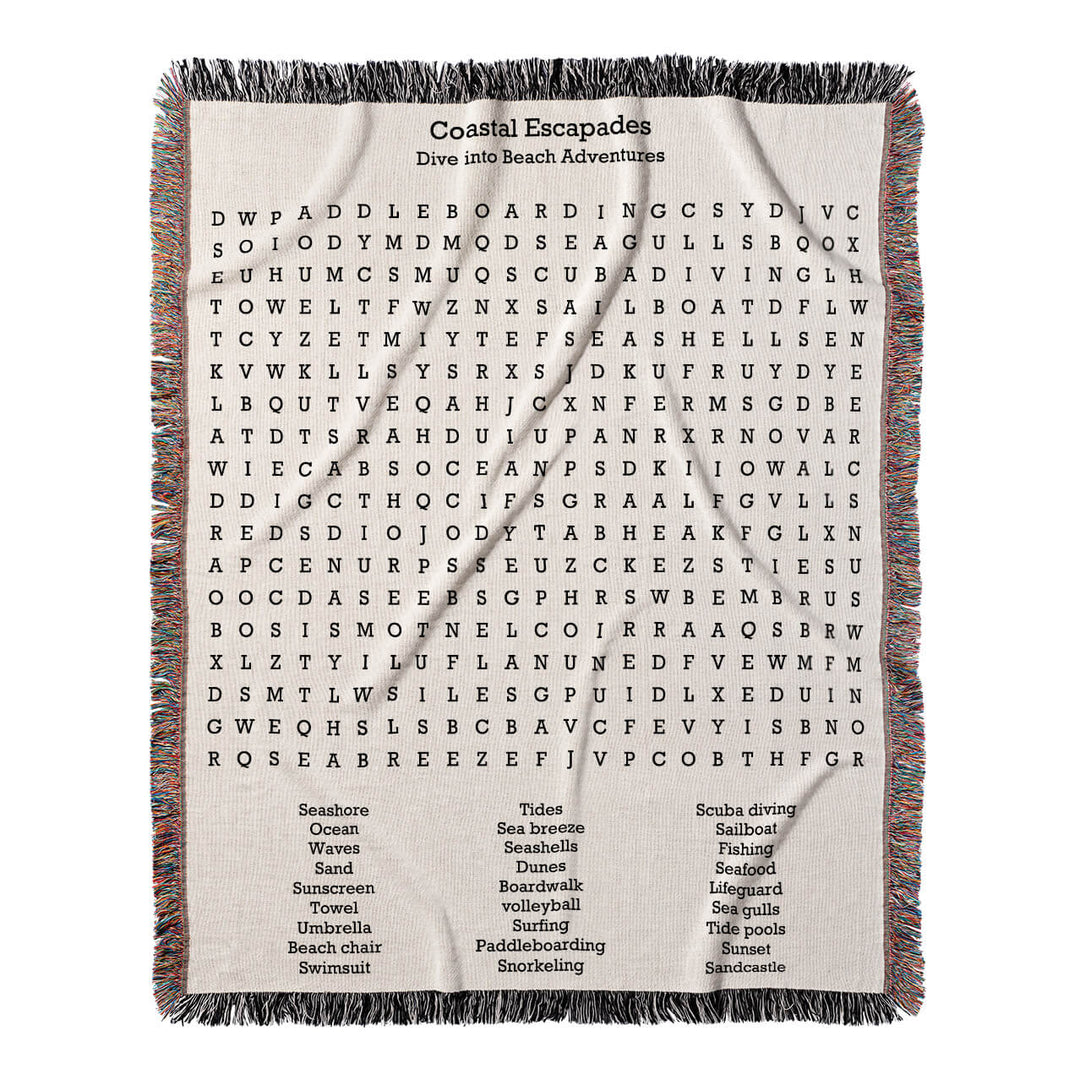 Coastal Escapades Word Search, 50x60 Woven Throw Blanket, Hidden#color-of-hidden-words_hidden