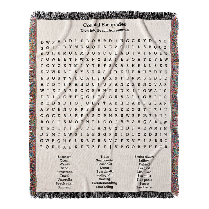 Coastal Escapades Word Search, 50x60 Woven Throw Blanket, Hidden#color-of-hidden-words_hidden