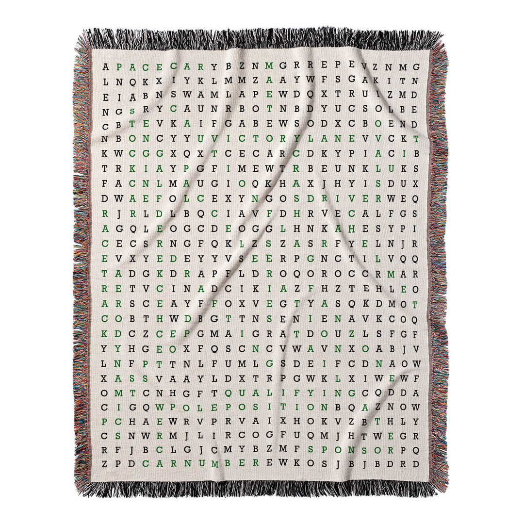 Trackside Tales Word Search, 50x60 Woven Throw Blanket, Green#color-of-hidden-words_green