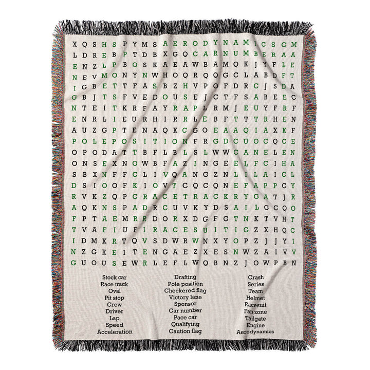 Trackside Tales Word Search, 50x60 Woven Throw Blanket, Green#color-of-hidden-words_green