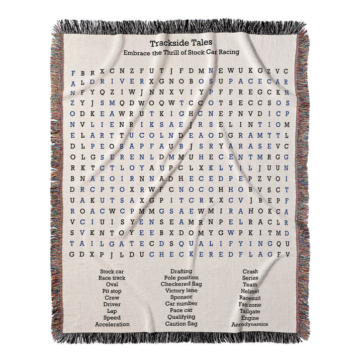 Trackside Tales Word Search, 50x60 Woven Throw Blanket, Blue#color-of-hidden-words_blue