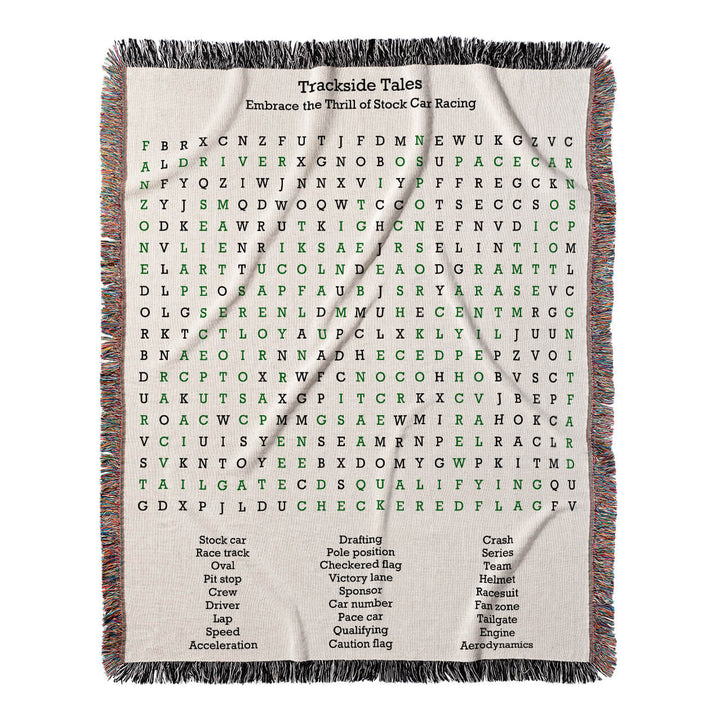 Trackside Tales Word Search, 50x60 Woven Throw Blanket, Green#color-of-hidden-words_green