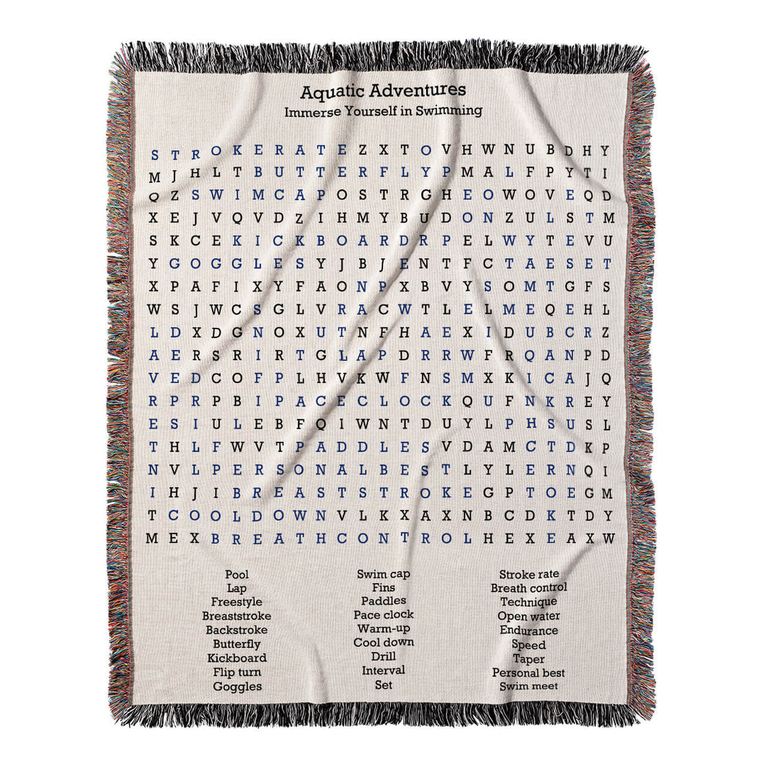 Aquatic Adventures Word Search, 50x60 Woven Throw Blanket, Blue#color-of-hidden-words_blue