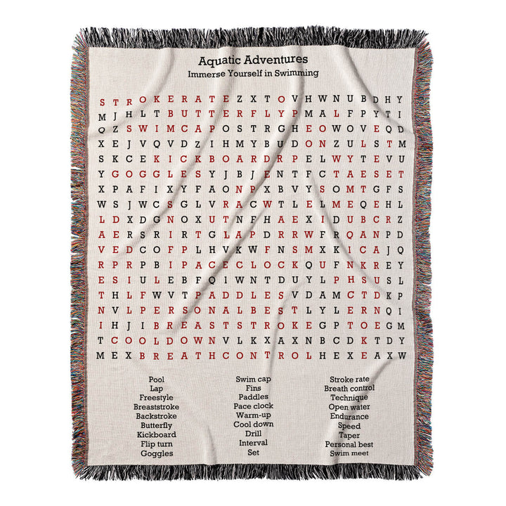 Aquatic Adventures Word Search, 50x60 Woven Throw Blanket, Red#color-of-hidden-words_red